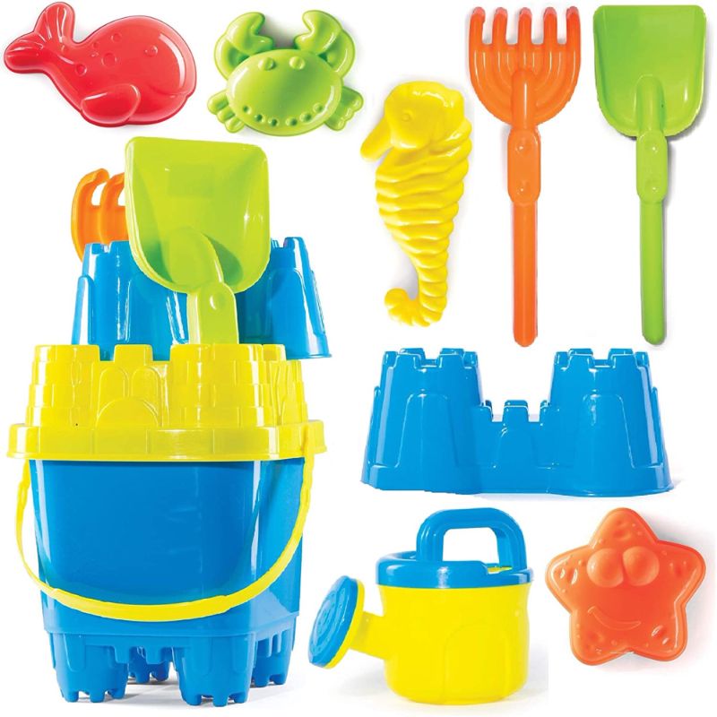 Photo 1 of 10 Piece Beach Toys Sand Toys Set, Bucket with Sifter, Shovel, Rake, Watering Can, Animal and Castle Sand Molds 2 pack 
