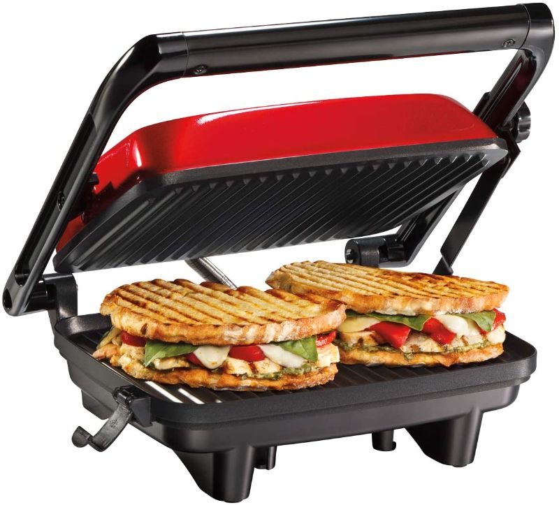 Photo 1 of Hamilton Beach Electric Panini Press Grill with Locking Lid, Opens 180 Degrees for Any Sandwich Thickness, Nonstick 8" X 10" Grids, Red (25462Z)
