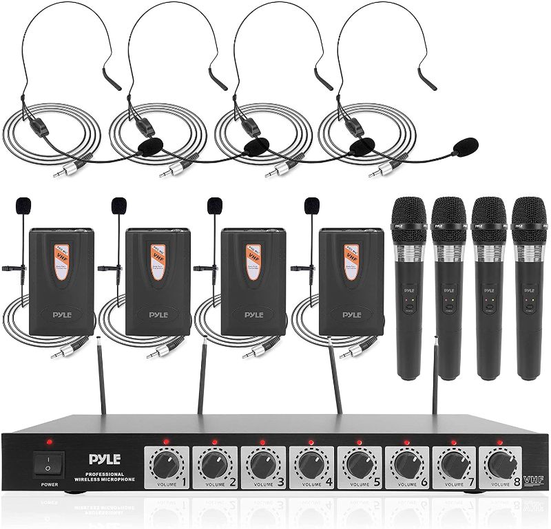 Photo 1 of 8 Channel Wireless Microphone System - Professional VHF Audio Mic Set with 1/4", XLR Jack - 4 Headset, 4 Clip Lavalier, 4 Handheld Mic, 4 Transmitter, Receiver - For Karaoke PA, DJ - Pyle PDWM8700
