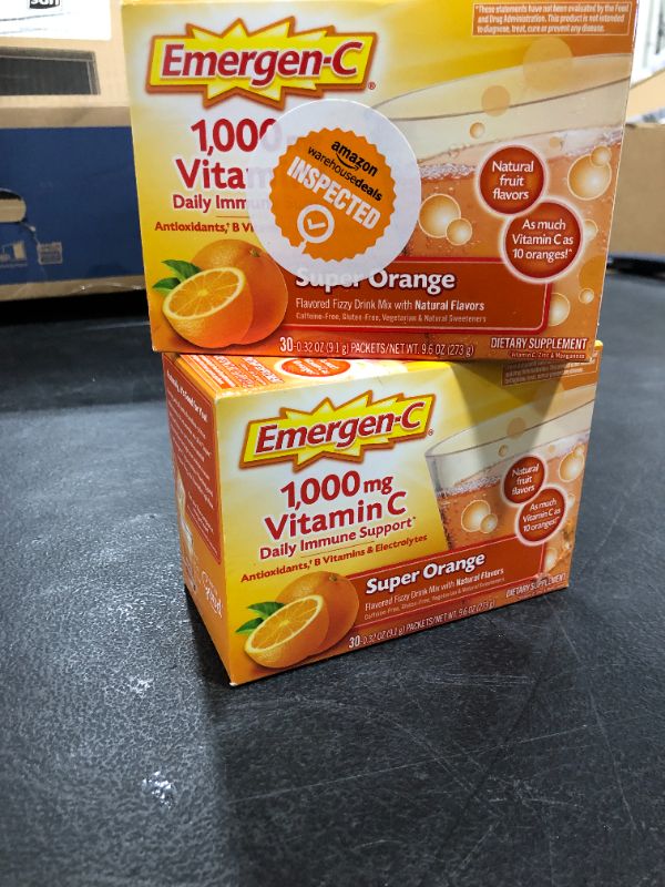 Photo 2 of 2 PACK!!! Emergen-C 1000mg Vitamin C Powder, with Antioxidants, B Vitamins and Electrolytes, Vitamin C Supplements for Immune Support, Caffeine Free Fizzy Drink Mix, Super Orange Flavor - 30 Count 
BB 11 2022