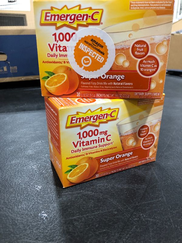 Photo 2 of 2 PACK!!! Emergen-C 1000mg Vitamin C Powder, with Antioxidants, B Vitamins and Electrolytes, Vitamin C Supplements for Immune Support, Caffeine Free Fizzy Drink Mix, Super Orange Flavor - 30 Count
BB 11 2022