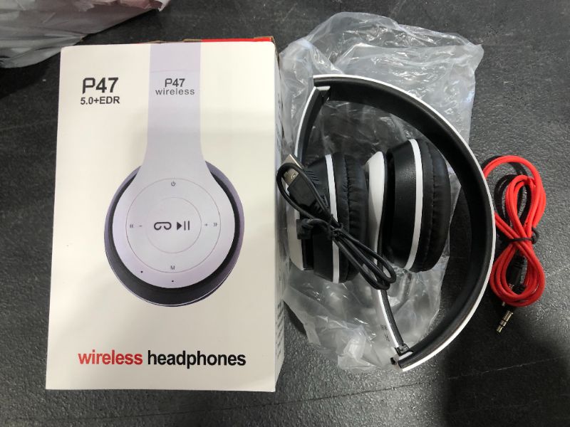 Photo 3 of Wireless Headphones, P47 Bluetooth Over Ear Foldable Headset with Microphone Stereo Earphones 3.5mm Audio Support FM Radio TF for PC TV Smart Phones & Tablets etc (White)
