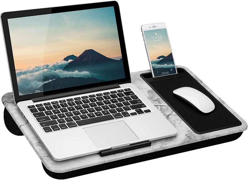 Photo 2 of LapGear Home Office Lap Desk with Device Ledge, Mouse Pad, and Phone Holder - White Marble - Fits Up To 15.6 Inch Laptops