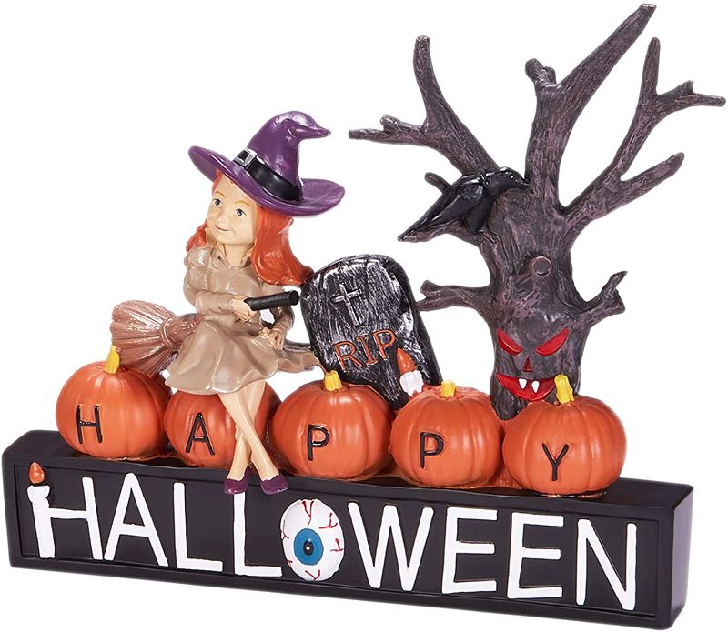 Photo 1 of Halloween Decorations Happy Halloween Hand Painted Resin Tabletop Figurine Decoration for Mantel, Shelf and Indoor Outdoor Halloween Home Party Decorations