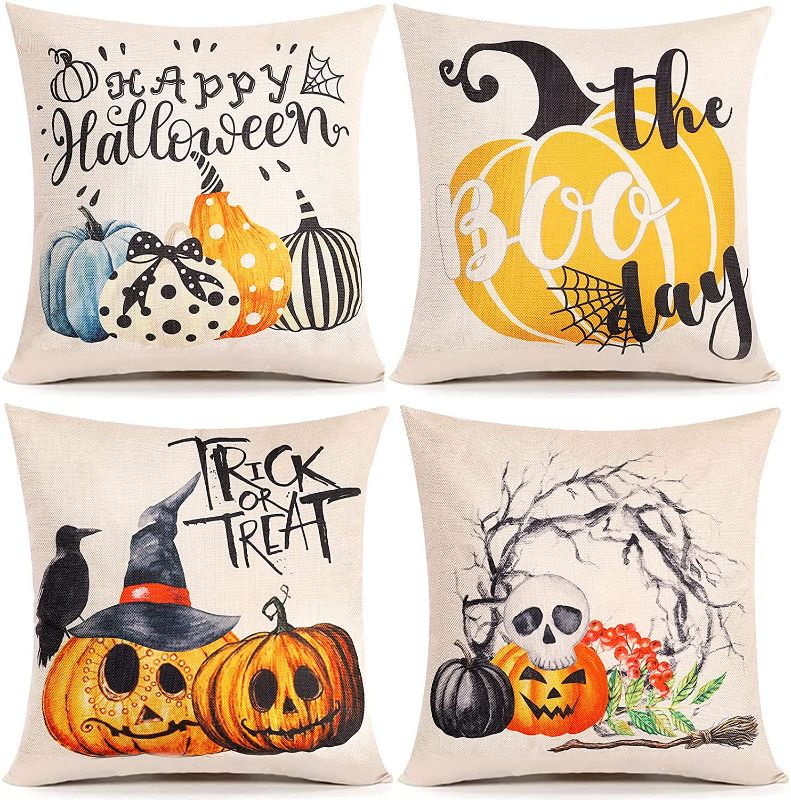 Photo 1 of 2 PACK OF SunnyMemory Fall Pumpkin Halloween Pillow Covers 18×18 Inch Set of 8 Trick or Treat Throw Pillow Covers Farmhouse Farm Decor Home Cushion Cases for Sofa Bed Happy Halloween Decorations