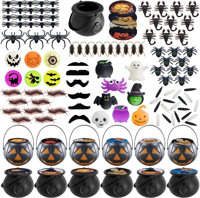 Photo 1 of 128 Pcs Halloween Decorations 12 Pack Prefilled Pumpkin Jars with Variety Mochi Squeeze Fidget Toys and Balls for Kids Halloween Party Favors,