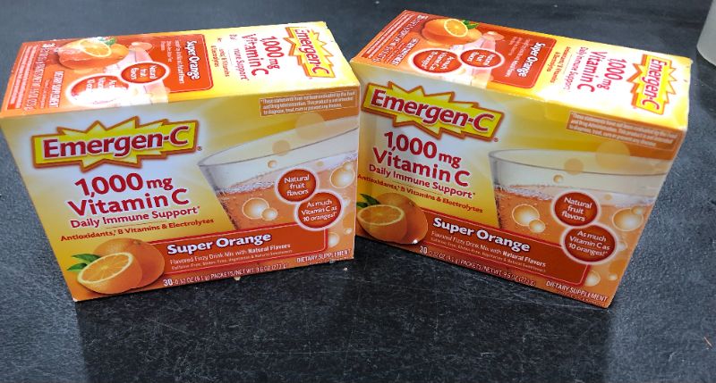 Photo 2 of 2 PACK OF Emergen-C!! 1000mg Vitamin C Powder, with Antioxidants, B Vitamins and Electrolytes, Vitamin C Supplements for Immune Support, Caffeine Free Fizzy Drink Mix, Super Orange Flavor - 30 Count