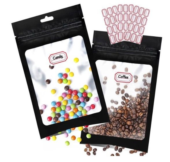 Photo 1 of 100 PC-- resealable ziplock mylar bags for food storage with 100 Stickers , candy bags, coffee bean packaging pouch with clear front window
