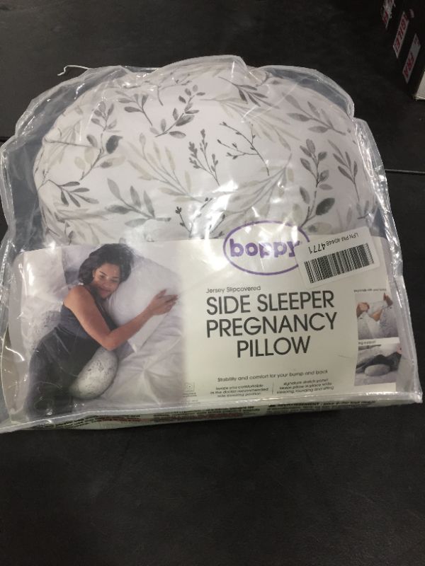 Photo 2 of Boppy Side Sleeper Pregnancy Pillow with Removable Jersey Pillow Cover | Gray Falling Leaves | Compact, Stay-Put Design | Prenatal and Postnatal Positioning
