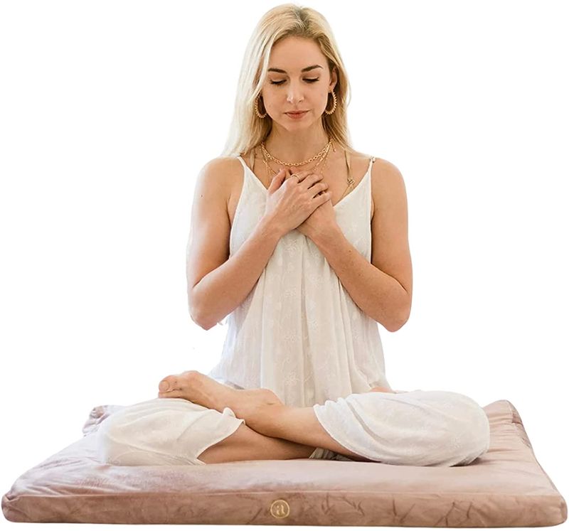 Photo 1 of Ajna Velvet Zabuton Meditation Mat - Luxurious Meditation Cushion Floor Pillow - Zabuton Meditation Cushion Large - 100% Cotton Filling (Rose Quartz)
