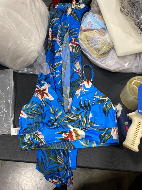 Photo 1 of blue, floral and greenery patterned bathing suite, bikini and leg slit skirt (SIZE M)