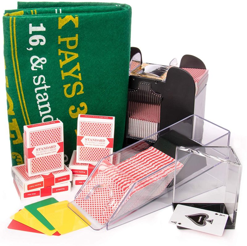 Photo 1 of Brybelly 6-Deck All-in-One Blackjack Kit - Black Jack Felt, 6-Deck Dealer Shoe and Discard Tray, 6-Deck Automatic Card Shuffler, Cut Cards and 6 Decks of Cards
