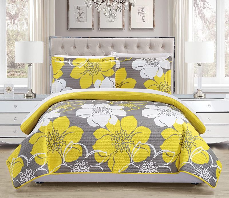 Photo 1 of Chic Home Woodside 3 Piece Quilt Set Abstract Large Scale Printed Floral-Decorative Pillow Sham Included, King, Yellow
