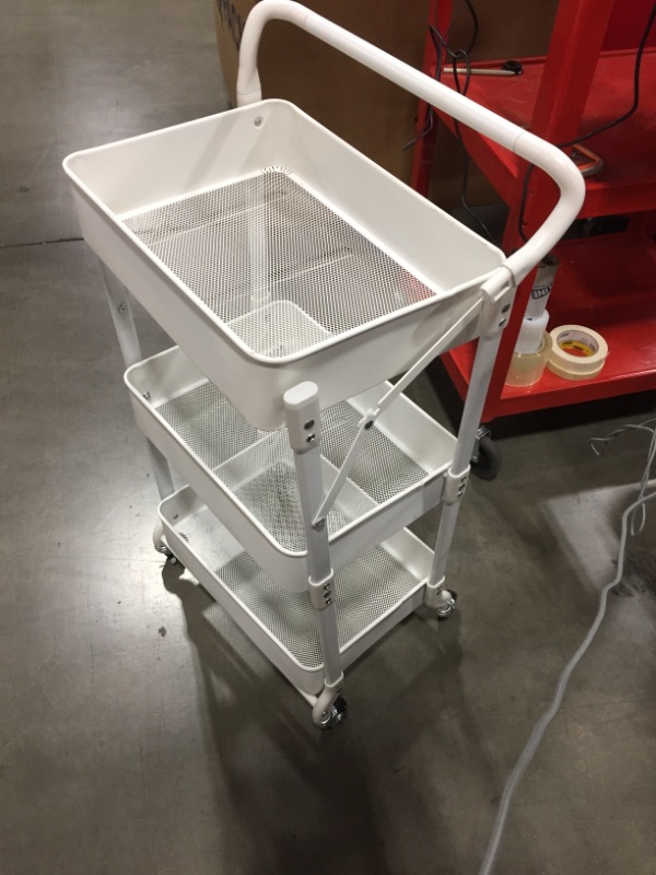 Photo 3 of 3 Tier Rolling Utility Cart - 100% Metal Folding Mobile Storage Organizer - No Tools Needed  (White)