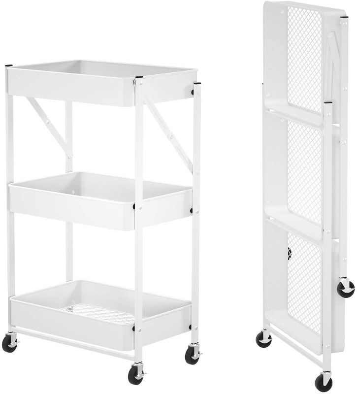 Photo 1 of 3 Tier Rolling Utility Cart - 100% Metal Folding Mobile Storage Organizer - No Tools Needed  (White)