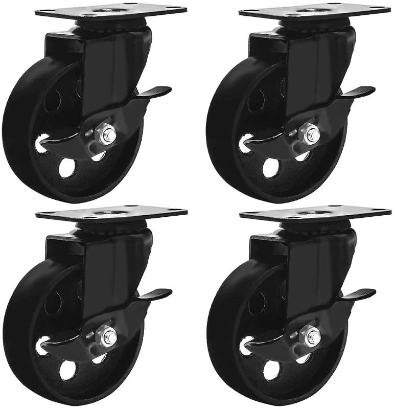 Photo 1 of 4 All Black Metal Swivel Plate Caster Wheels w/Brake Lock Heavy Duty High-Gauge Steel