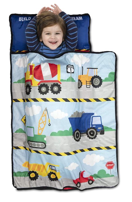 Photo 1 of Funhouse Construction Area Trucks Kids Nap Mat Set – Includes Pillow and Fleece Blanket – Great for Girls Napping During Daycare, Preschool, or Kindergarten - Fits Toddlers and Young Children