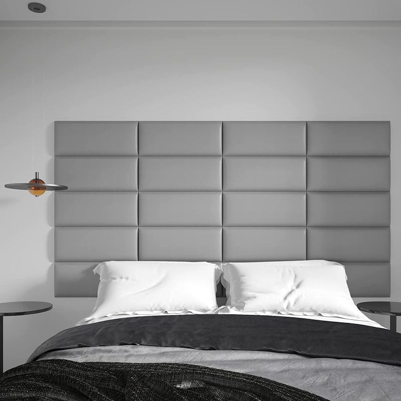 Photo 1 of Art3d Peel and Stick Headboard for King, Full and Queen in Grey, Pack of 12 Panels Sized 9.84" x 23.62", Soundproof Wall Panels 3D, Upholstered Wall Panel