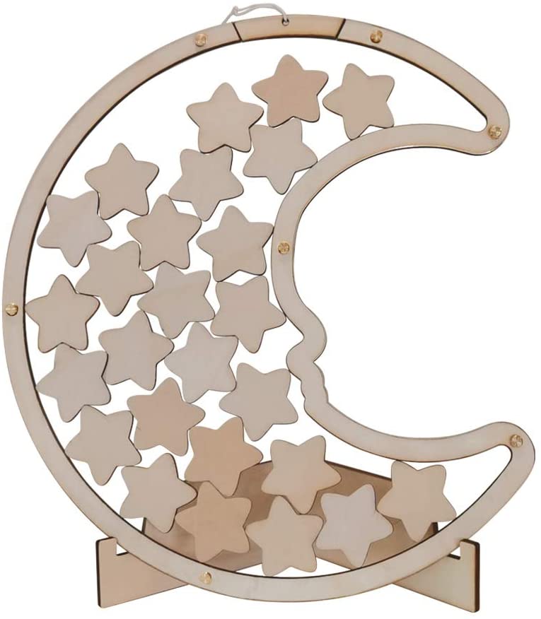 Photo 1 of PAPA LONG Alternative Over The Moon Guest Book with 25pcs Wood Star Cutouts for Wedding Baby Shower Sign in Use or Birthday Keepsake