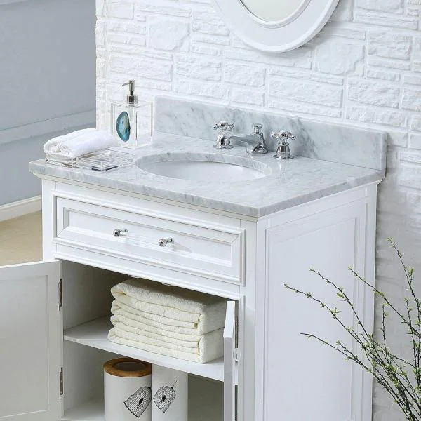 Photo 1 of 24 in. W x 22 in. D x 34 in. H Bath Vanity in White with Marble Vanity Top in Carrara White with White Basin