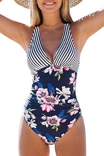 Photo 1 of CUPSHE Womens One Piece Swimsuit V Neck Tummy Control Cross Back Vintage Swimwear Bathing Suits SIZE L