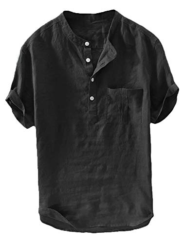 Photo 1 of Mens Henley TShirt Linen Cotton Shirts Button Up Beach Tops Casual Short Sleeve Lightweight Plain Tees LARGE