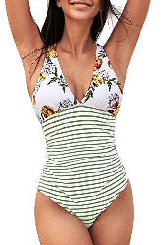 Photo 1 of CUPSHE Womens One Piece Swimsuit V Neck Tummy Control Cross Back Vintage Swimwear Bathing Suits SIZE L