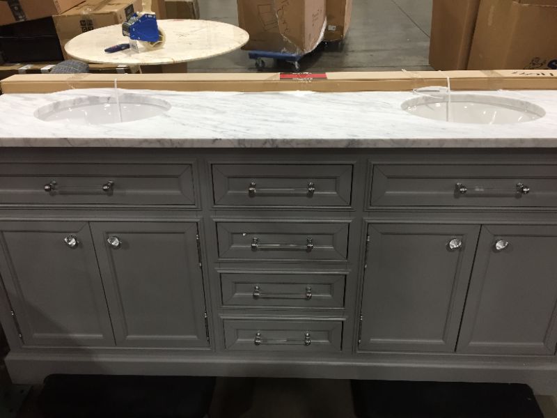 Photo 2 of 72 in. W x 21.5 in. D x 34 in. H Vanity in Cashmere Grey with Marble Vanity Top in Carrara White