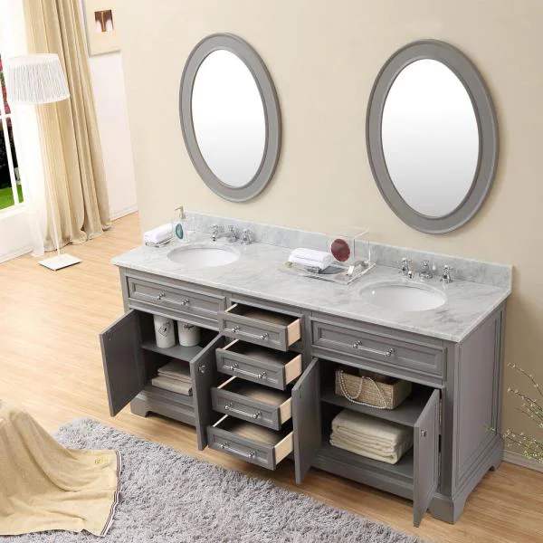 Photo 1 of 72 in. W x 21.5 in. D x 34 in. H Vanity in Cashmere Grey with Marble Vanity Top in Carrara White