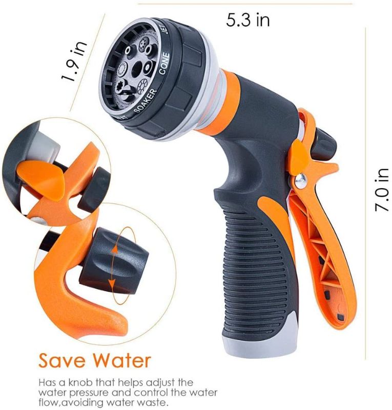 Photo 1 of Garden Hose Sprayer Nozzle for Watering Plant Cleaning Cars Showering Pets with 8 Adjustable Pattern High Pressure Heavy Duty (orange)