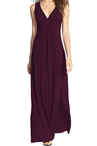 Photo 1 of WOOSEA Women Sleeveless Deep V Neck Loose Plain Long Maxi Casual Dress Wine