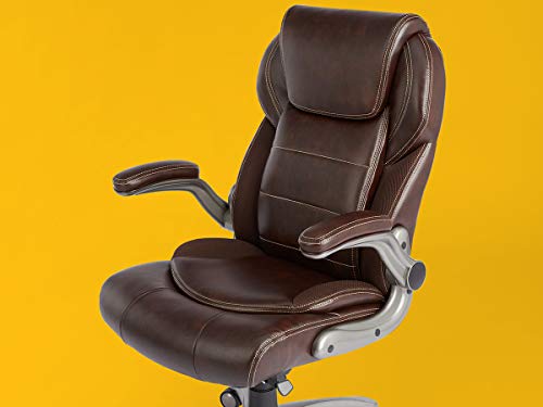 Photo 1 of AmazonCommercial Ergonomic High-Back Bonded Leather Executive Chair with Flip-Up Arms and Lumbar Support, Brown
