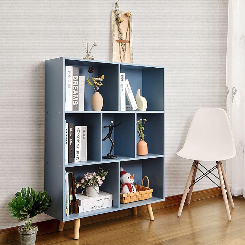 Photo 1 of Bookshelf Storage Shelf,3-Tier Modern Bookcase with Legs,7-Cube Open Shelf,Space Saving Organizer Shelves Book Rack,Free Standing Wood Display Bookshelves for Books,CDs,Living Room,Kids,Bedroom,Office
