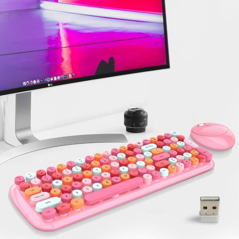 Photo 1 of MOFii Wireless Keyboard and Mouse Combo, Colorful Compact Keyboard with Number Pad, Cute Retro Keyboard with Stylish Round Keys, Compatible with PC Desktop Computer Windows(Pink-Colorful)