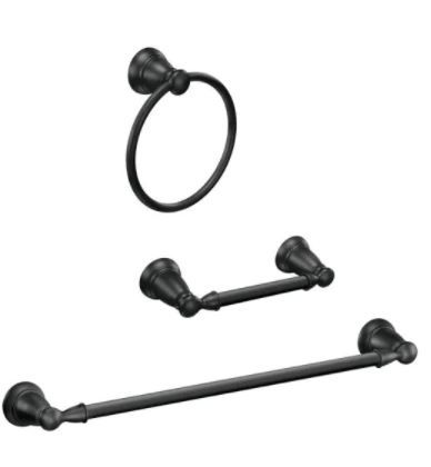 Photo 1 of Banbury 3-Piece Bath Hardware Set with 24 in. Towel Bar, Toilet Paper Holder and Towel Ring in Matte Black
