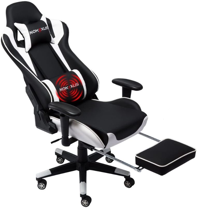 Photo 1 of Nokaxus Gaming Chair Large Size High-back Ergonomic Racing Seat with Massager Lumbar Support and Retractible Footrest PU Leather 90-180 degree adjustment of backrest Thickening sponges (YK-6008-WHITE)
