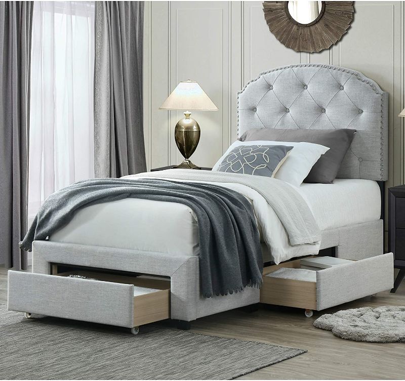 Photo 1 of DG Casa Argo Upholstered Panel Bed Frame with Storage Drawers and Diamond Button Tufted Nailhead Trim Headboard, Twin Size in Platinum Fabric, BOX 1 OF 3 ONLY, MISSING OTHER BOXES
