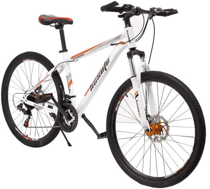 Photo 1 of 26 Inch Moutain Bike Carbon Steel Suspension Fork Bikes, 21 Speed Dual Disc Brake City Moutain Bicycle for Adults and Teens (White Orange)
