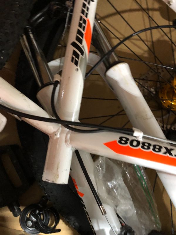 Photo 1 of 26 Inch Moutain Bike Carbon Steel Suspension Fork Bikes, 21 Speed Dual Disc Brake City Moutain Bicycle for Adults and Teens (White Orange)
