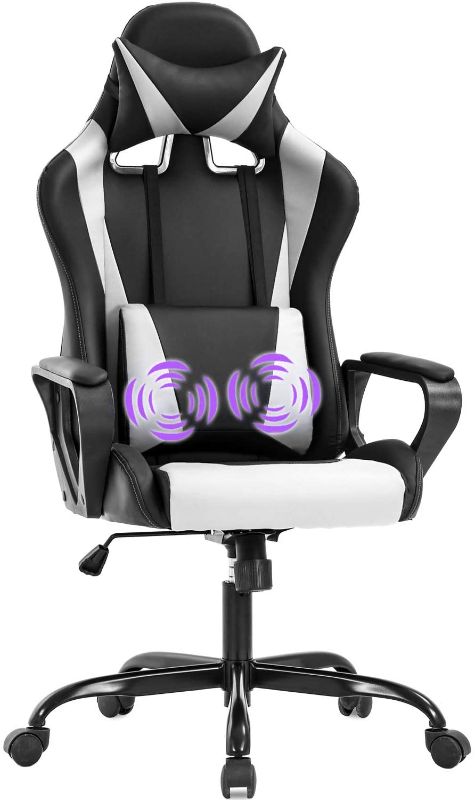 Photo 1 of Game chair, home office chair, with waist support arm, headrest, high back PU leather ergonomic chair, rotatable and adjustable (white)
