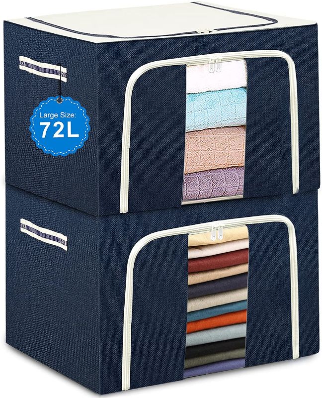 Photo 1 of Clothes Storage Boxes Bins - 72L x 2 Large Organizers With Steel Frame , Tulab Foldable Oxford Containers Set, Clear Window & Reinforced Handles, Waterproof, for Closet, Bedding, Blankets (2-Pack, 20.07”x 15.73” x 14”)

