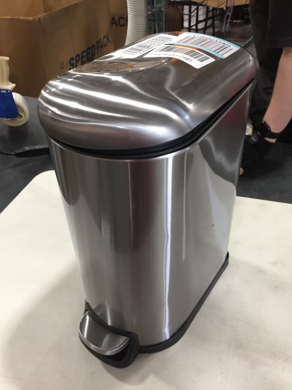 Photo 2 of Amazon Basics 10 Liter / 2.6 Gallon Soft-Close Trash Can with Foot Pedal for Narrow Spaces - Brushed Stainless Steel