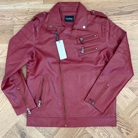 Photo 1 of Chouyatou Men's Faux Moto Leather Jacket Red (L)
