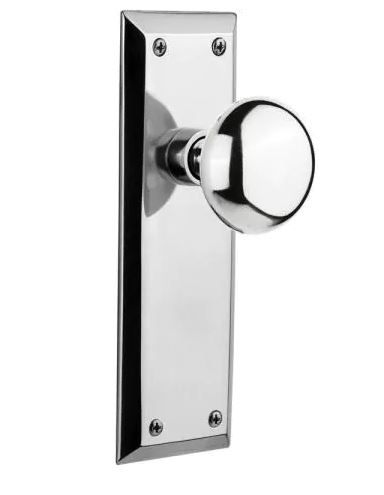 Photo 1 of  Plate 2-3/4 in. Backset Bright Chrome Privacy Bed/Bath New York Door Knob
