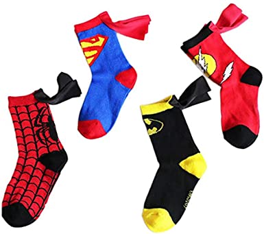 Photo 1 of 3-5 Years Old Kids Crazy Socks - Cartoon Marvel DC Superman Spider man Batman The Flash Design Children Cotton Comic Funny Socks Unisex Toddler Boys Girls (Superhero Set 4 pairs)