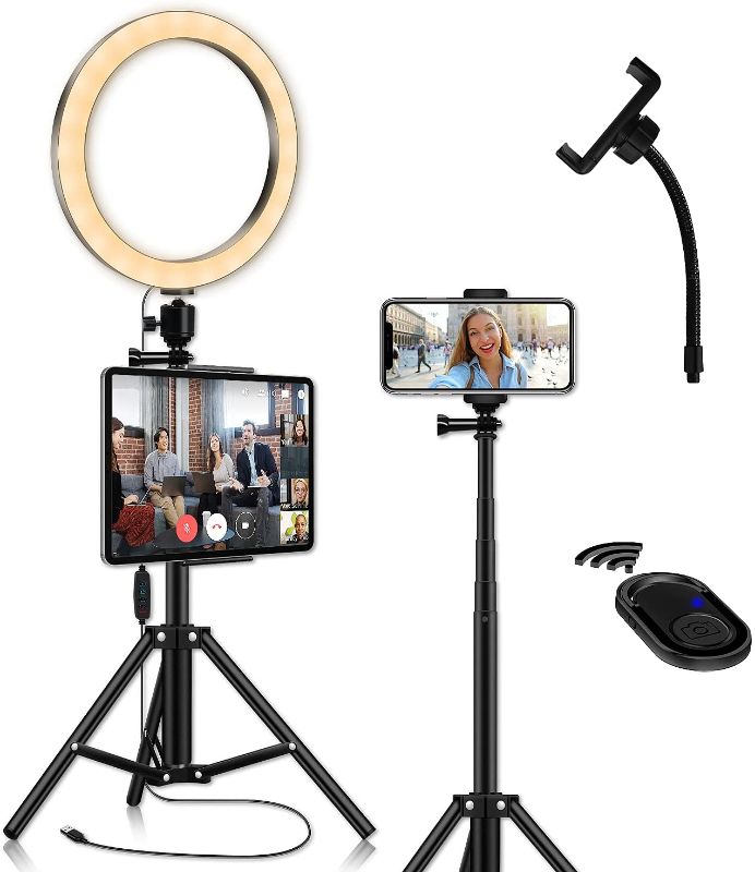 Photo 1 of LED Ring Light with Tablet Tripod Stand Kit - 10'' Circle Ringlight with Cell Phone Holeder & Photo Selfie Remote for Tiktok YouTube Video Recording Zoom Meeting Makeup Lighting for iPad iPhone Laptop
