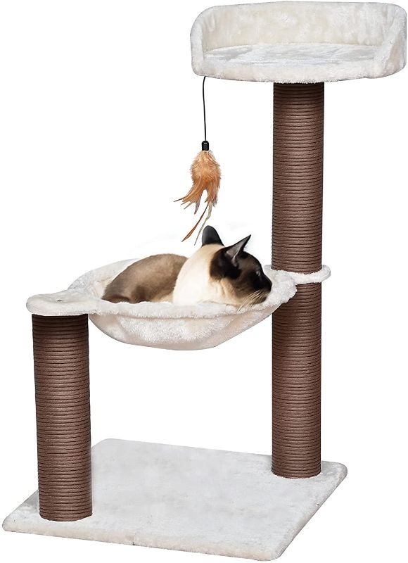 Photo 1 of Catry Cat Tree with Feather Toy  Cozy Design of Cat Hammock Allure Kitten to Lounge in Cats Love to Lazily Recline While Playing with Feather Toy and Scratching Post Innovative Arrival