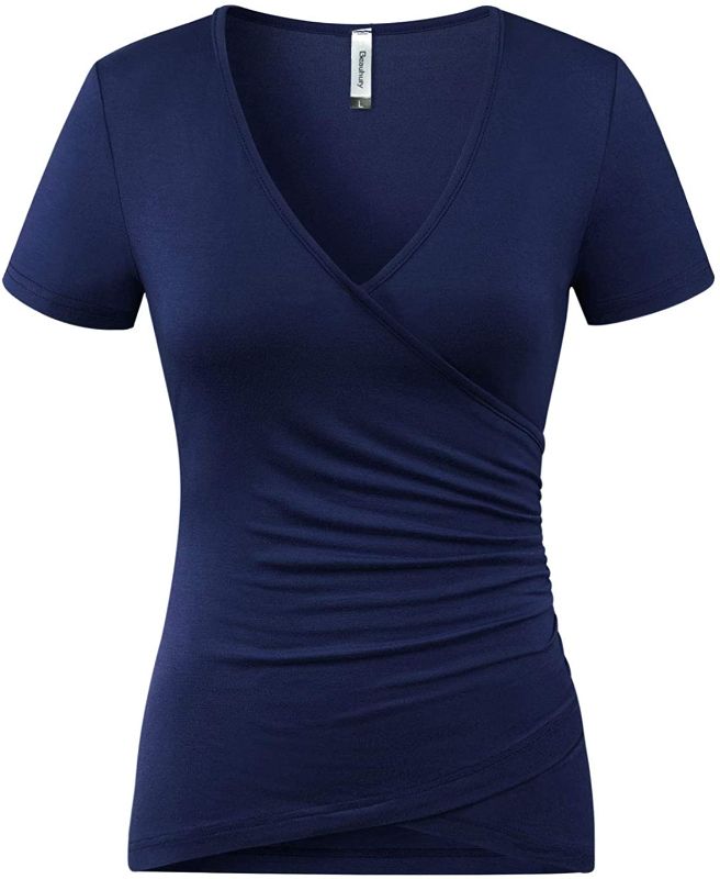 Photo 1 of Beauhuty Women's Top Deep V Neck Slim Fitted T-Shirt Front Surplice Wrap Short/Long Sleeve Tees
---small