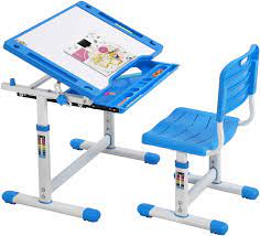 Photo 1 of Height Adjustable Multifunctional Children's Study Desk Table Chair Set with Drawer for Kids (Blue)