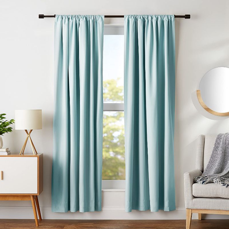 Photo 1 of Amazon Basics Room Darkening Blackout Window Curtains with Tie Backs Set - 52" x 63", Seafoam Green